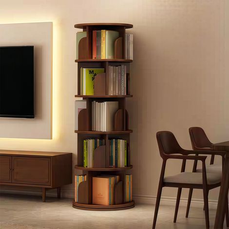 Étagère tournante 5 étagères, pivot 360°, rangement compact, colonne de stockage rotative pour petits espaces – Idéale chambre, séjour, domicile, bureau, finition noyer (1/5)