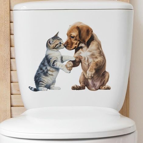 Juego de 3 pegatinas autoadhesivas 3D de gatos y perros para tapa de inodoro (25-29 cm), divertidas pegatinas de pared impermeables de PVC para asiento de inodoro. (1/5)