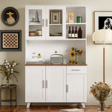 Hochsideboard – Geschirrschrank 114 x 40 x 190 cm – 5 Türen, davon 2 mit Glas – 1 Schublade – Rustikaler Landhausstil – Weiß und braunes Holz (1/5)