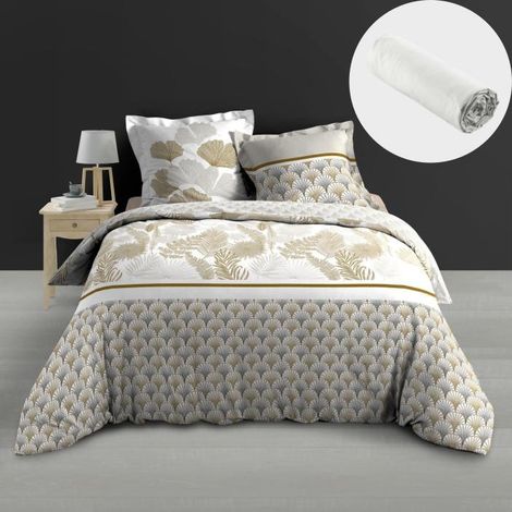 PacK housse de couette 260 x 240 cm percale 78 fils Melisse + DH 160x200 cm Blanc (1/5)