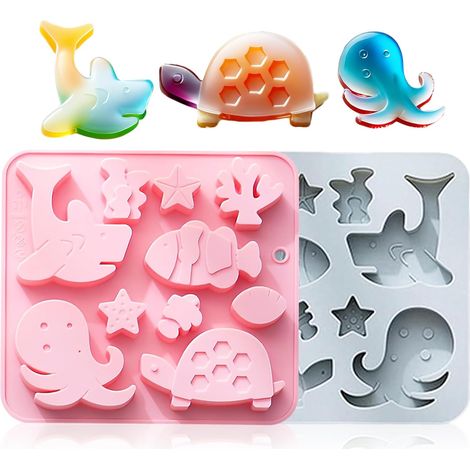 Moule à Chocolat vie Marine à 10 Cavités, Décoration de Gâteau Moule Chocolats Silicone pour Thème Marin de Dessin Animé, 2PCS Moules Silicone Antiadhésifs pour Gâteaux Gelée Glaces Bonbon,Moules À Ch
