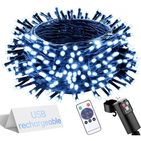 Guirlande Lumineuse Sapin de Noel - à Pile Rechargeable USB 10M 100 LED Télécommande Imperméable Exterieure Intérieure Blanc Froid Lumieres pour Christmas Chambre Jardin Arbre Mariage Fête