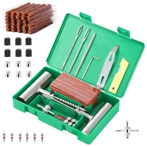 Kit de Réparation Crevaison Voiture  Répare Crevaisons Moto et Vélo  Réparation Pneus en 15 Minutes  58 Pièces, 24 Mèches, 2 Outils en T, Valves et Cutter  pour Tous Types de Pneus (1/5)