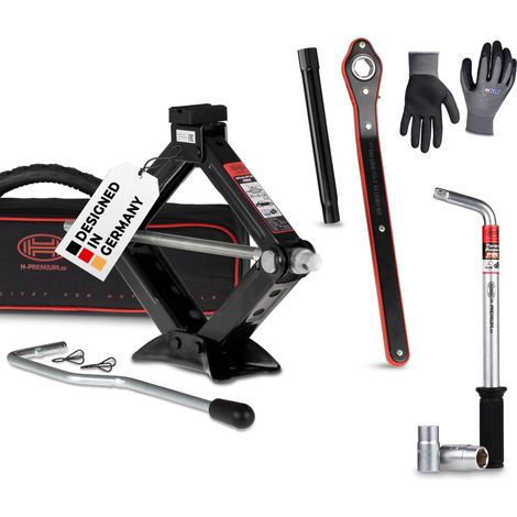 HEYNER® Wagenheber 1,5t Traglast Scherenwagenheber Set mit Radmutternschlüssel & Montagehandschuhe drehbarer Sattel und Gummiauflage TÜV & GS, 104–380mm