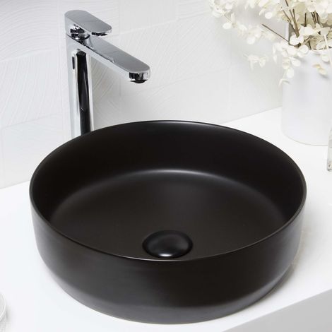 Matt Black Ceramic Round Countertop Bathroom Wash Basin Sink with Matching Waste (1/4)