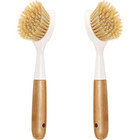 Set aus 2 Spülbürsten mit Bambusgriffen, ideal zum Reinigen von Pfannen, Töpfen und Spülbecken. (1/4)