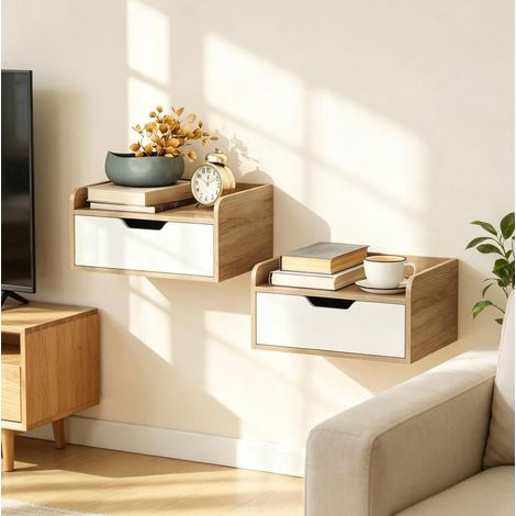 Juego de 2 mesitas de noche de pared 40x30x19,5 cm madera natural y blanco -FLORAGRACE (1/5)