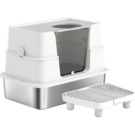 Bac à Litière XL en Acier Inoxydable pour Grand Chat, Couvercle Pivotant 100°, Pelle, 60,2x40,2x44,5cm, Gris Clair (1/5)