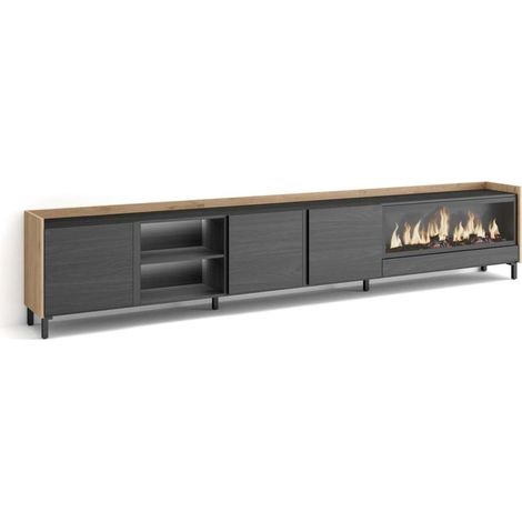 Mueble TV Benalmádena-02 de 315x61x35 cm con chimenea y luces LED, diseño industrial, color negro y roble (1/4)
