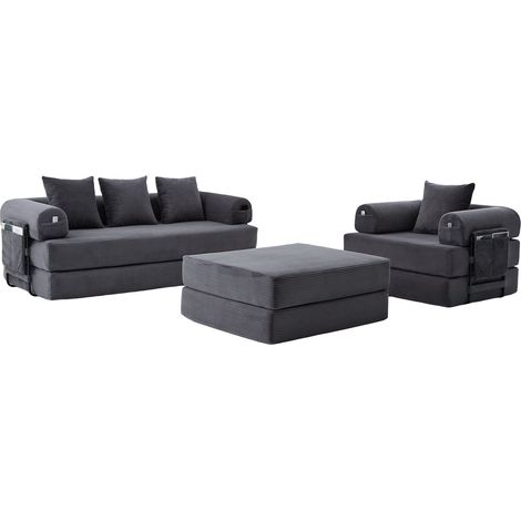 ELVMI Canapé Modulable 4 Places avec Poches latérales et 3 Coussins, en Velours Côtelé Gris Foncé (1/5)