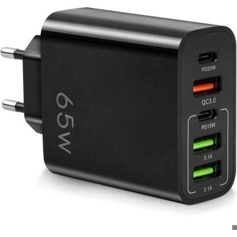 Chargeur USB C - 65 W - 5 Ports - 2 USB C + 2 USB A + 1 QC 3.0 - Compatible iPhone MacBook iPad Galaxy - Noir (1/4)