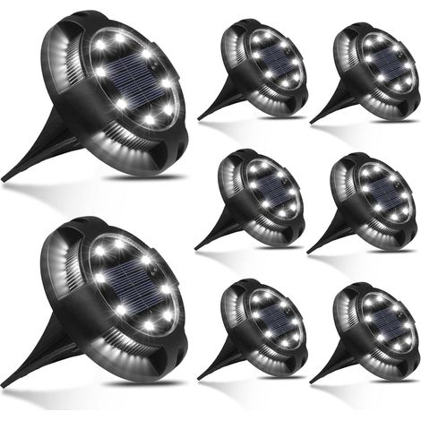 Lot de 8 Lampes Solaires Solaire Extérieur Jardin Paysage Éclairage Disque 12 LED Imperméable Allée Chemin Blanc (1/5)