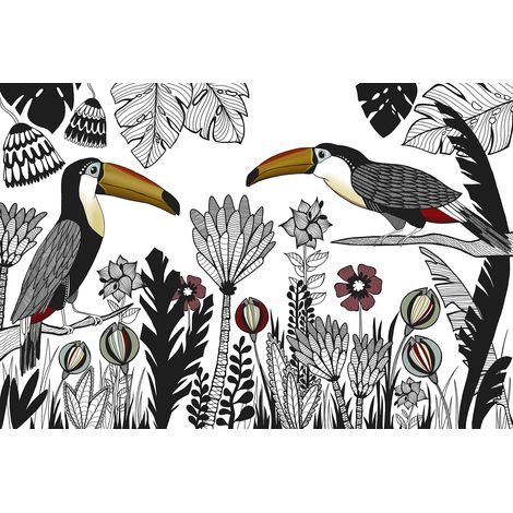 Papier peint panoramique tropical oiseaux toucan Tapisserie panoramique nature idéale pour salon Papiers peints panoramique jungle pour bureau (1/2)