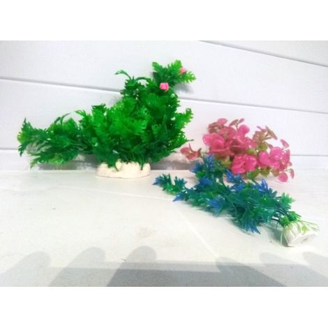 Lot 3 Plantes Plastiques Déco Aquariums: Verte, Rose & Bleue Fine (1/4)