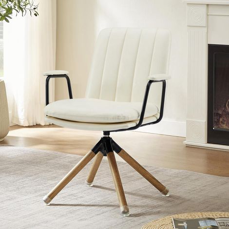 Drehstuhl Kunstleder Beige ohne Rollen mit Holzbeinen Mid Century Modern (1/5)