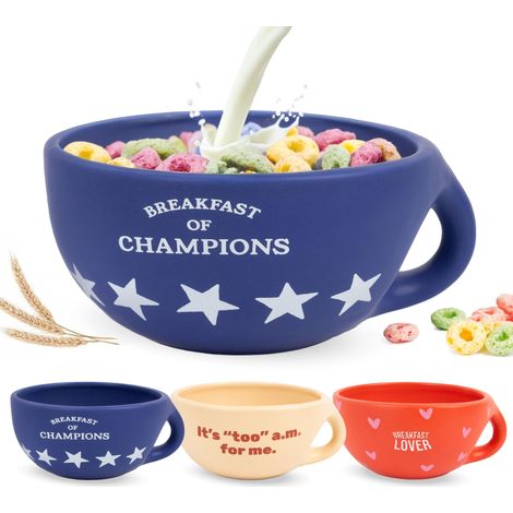Bol petit-déjeuner original "Breakfast of Champions". Tasse à café bleue 490 ml. Grand bol céramique pour café, céréales ou chocolat chaud. 16,5 cm x 7,5 cm (1/5)