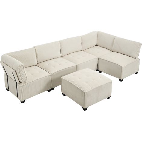 Divano modulare 6 posti in velluto a coste beige 308 cm con tasche laterali (1/5)