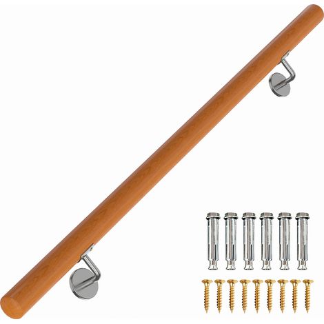 100CM Main Courante en Bois de Hêtre, Rampe Murale avec Fixation Inoxydable, Antidérapantes Intérieures pour Salle de Bain, Cuisine,Bar, Charge 200 kg (1/2)