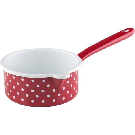 Riess Country Pünktchen Rot Stielkasserolle  Ø14cm, 0.75 Liter  mit Ausguss Emaille Induktion