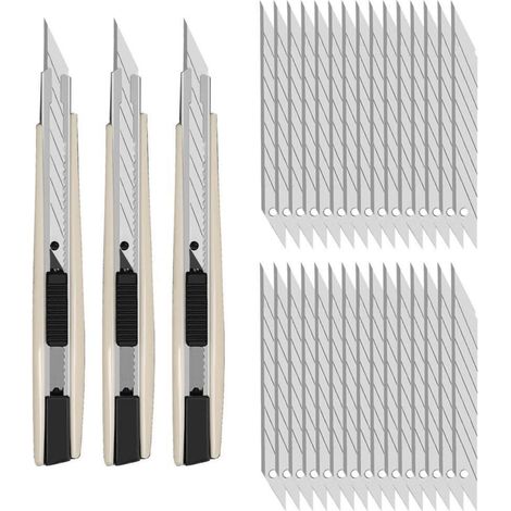 3er Set Cuttermesser 9mm mit 30 Abbrechklingen, Präzisionsmesser für Folien, Papier, Basteln