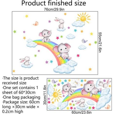 Stickers Muraux Enfants Arc en Ciel Autocollant Mural Éléphant Koala Lapin Nuages Décoration Murale Chambre Enfants Bébé (1/4)