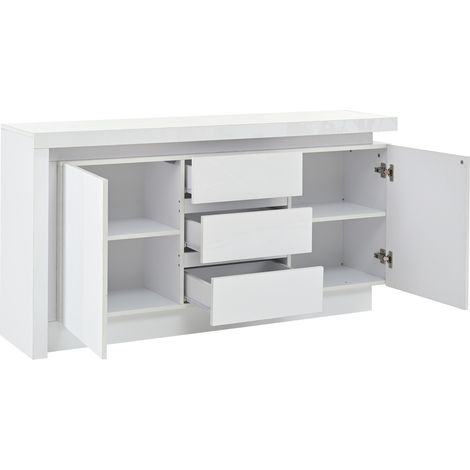 Buffet blanc brillant avec LED 140 x 35 x 72 cm, 2 portes et 3 tiroirs HOMVRA (1/5)