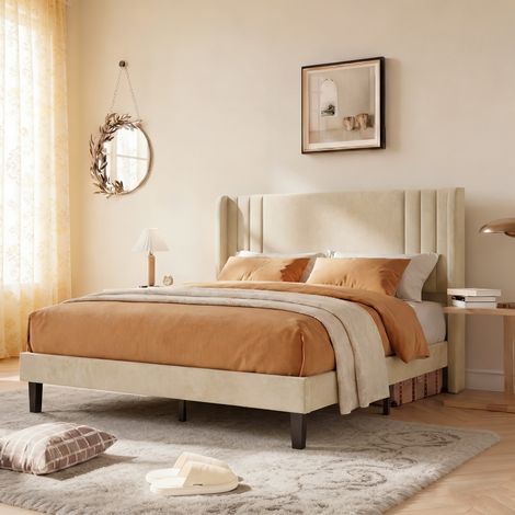 Bett 160x200CM mit Lattenrost, Gepolstertes Kopfteil,Polsterbett Jugendbett bis 360 kg,Stauraum unter dem Bett,Leinenstoff,Beige