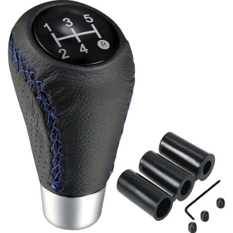 Pommeau Levier de 5 Vitesses Cuir Manuelle Boite de Changement Universel avec 8mm 10mm 12mm les Tuyaux pour Voiture Camion SUV Fourgons,Bleu (1/4)