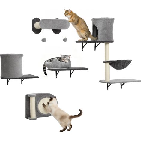 Étagères murales pour chat - arbre à chat mural - PawHut - 5 pièces, 2 niches, hamac, plateformes, griffoirs en sisal - gris