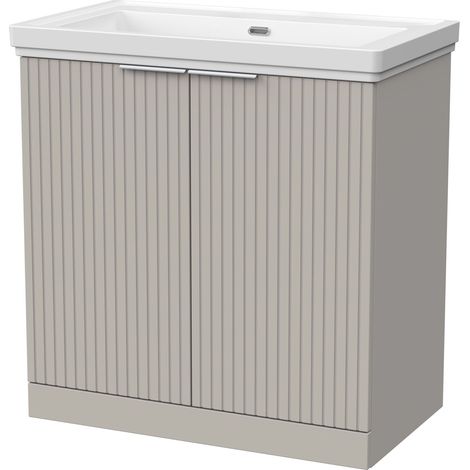 Callingwood Contemporary Floor Standing 2 Door Vanity Unit with Traditional 0 Tap Hole Fireclay Basin , 800mm, Pebble Grey