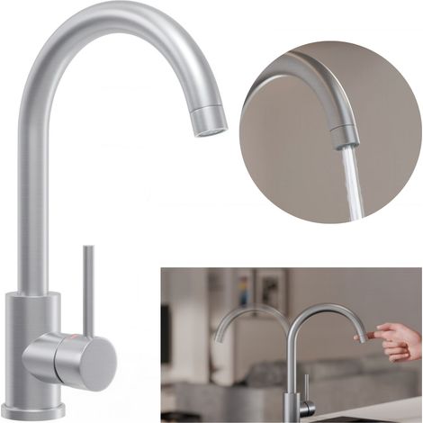 Primagran – Robinet de cuisine inox 5010 – Bec pivotant 360° – Économie d'eau avec mousseur ABS – Installation facile avec flexibles 60 cm (1/4)