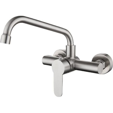 Robinet de cuisine mural en acier inoxydable 304, vadrouille, évier de piscine, balcon, buanderie, robinet rotatif chaud et froid, diamètre du siège de valve 3,2 cm, argent- (1/3)
