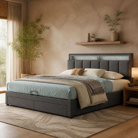 Cama tapizada moderna de lino gris oscuro 180x200 cm con cabecero LED y somier de láminas (1/5)