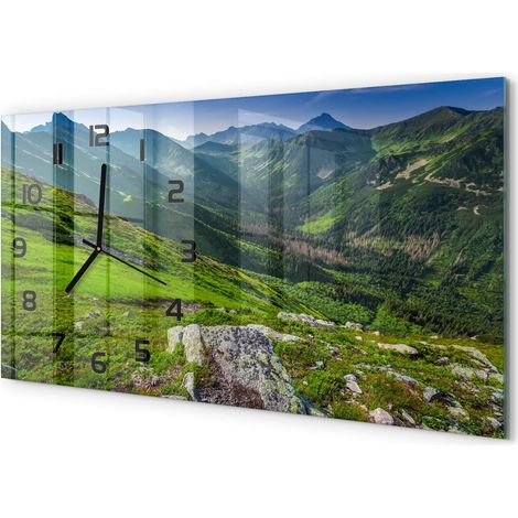 Horloge Murale Salon 60x30 cm Panoramique Verre Trempé Décoration Murale Crépuscule dans les montagnes (1/5)