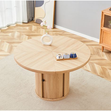 Mesa redonda de MDF 115 cm efecto madera, color madera, con almacenaje, 4-6 plazas (1/5)
