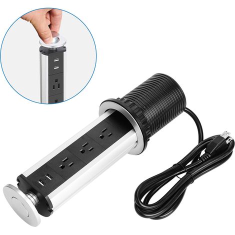 Enchufe retráctil con puertos USB  [Suiza]  Aluminio plata/negro, 16 A, 2 m  Montaje vertical/horizontal para cocinas de oficina (1/5)