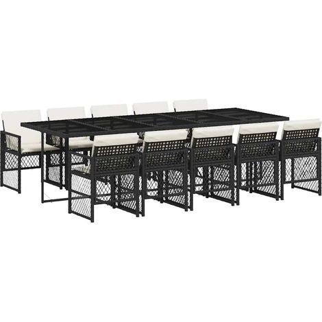 11 Piece Garden Dining Set with Cushions Black Poly Rattan vidaXL