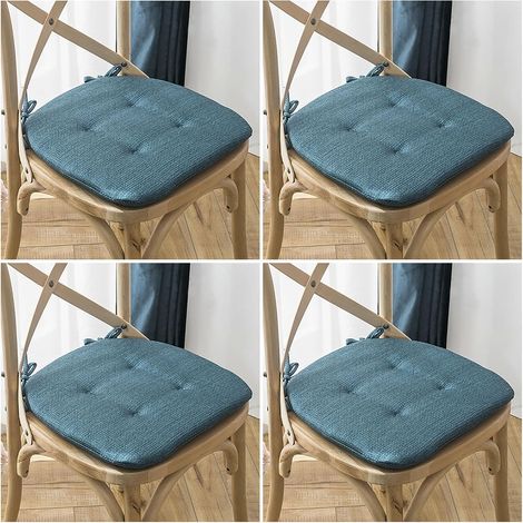 Lot de 4 galettes chaise quatre saisons, coton-lin, bleu, 39x40x32 cm, avec sangles