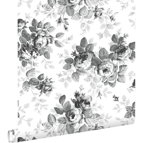 Papier peint roses noir et blanc – Motif romantique pour chambre et salon – Intissé écologique 53cm x 10,05m – Raccord sauté – Estahome