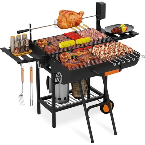 Tragbarer Holzkohlegrill mit Deckel, 3-in-1-Grillwagen mit Hähnchenrost, für Camping, Garten, Balkon (1/5)