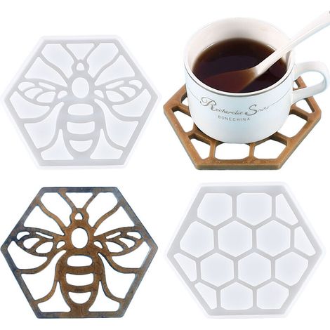 Moule Sous Verre Modèles 4 Pièces Moules en Silicone Dessous de Verre Moule Silicone Resine Epoxy Abeille Moule en Résine de Silicone Coaster Resin Mold pour Tapis de Tasse (1/5)