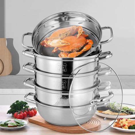 Cuiseur vapeur, 5 couches, en acier inoxydable 304, poli, casserole à vapeur, 30 cm, comprend une casserole de fond, quatre casseroles de cuisson vapeur et un couvercle (1/5)