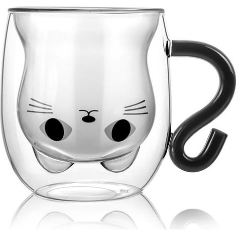 BelleRise - Mug en verre à double paroi en forme de chat, en verre borosilicate épais avec anse, résistant à la chaleur (1/5)