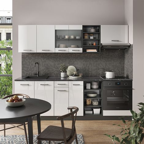 Mueble de cocina R-Line, Blanco brillo/antracita, 240 cm sin encimera, Vicco