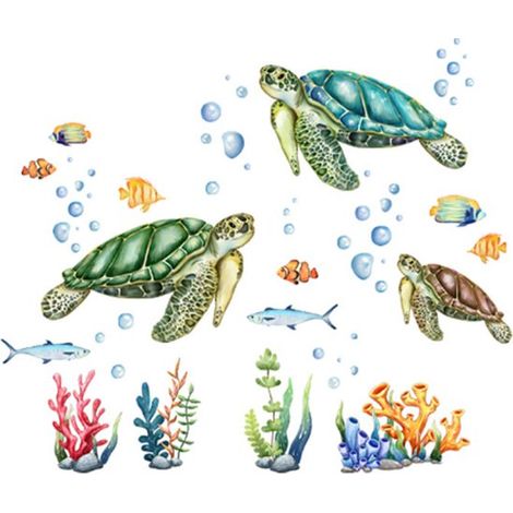Sticker mural, décoration murale, sticker pour fenêtre, accessoires de décoration, tortues marines, corail, stickers animaux marins, autocollant, 76 x 90 cm, PVC (1/5)