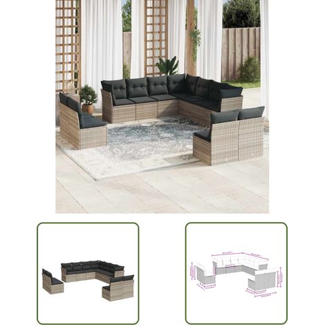 vidaXL 11-tlg. Garten-Sofagarnitur mit Kissen Hellgrau Poly Rattan (1/3)