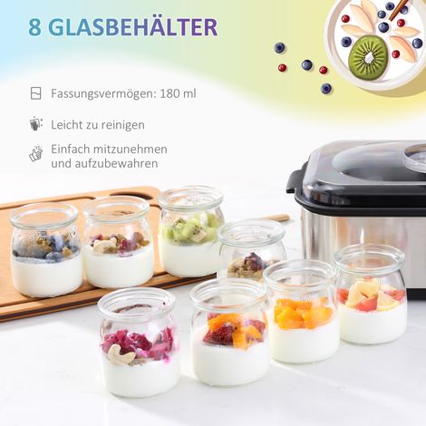 Yaourtière HOMCOM, yaourt à la grecque, 8 pots en verre sans BPA de 180 ml, couvercle inclus, écran LCD avec programmateur, capacité 1,4 L de yaourt, 25 W, argenté (1/4)