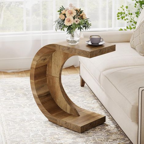 Tribesigns Table d'appoint en Forme de C, 70 x 30 x 65 cm, Table Basse, Table de Goûter, Table de Chevet étroite pour Salon, Chambre à Coucher, Marron Rustique,1