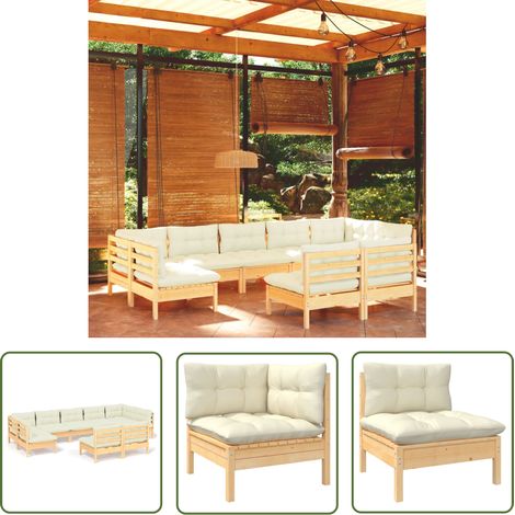 The Living Store 9-tlg. Garten-Lounge-Set mit Creme Kissen Massivholz Kiefer - Gartenzubehör - Lounge Set - Gartenmöbel - Outdoor Möbel - Rattan Gartenmöbel (1/5)