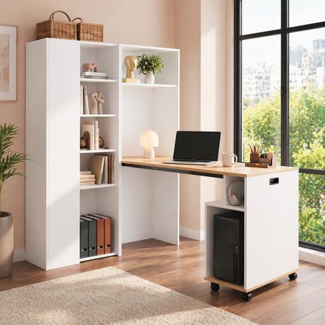 Scrivania pieghevole 2 in 1 con libreria, presa EU e USB, MDF, bianco, lato sinistro (1/5)